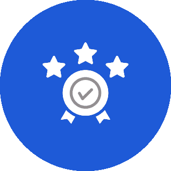 Award icon with three stars and checkmark.