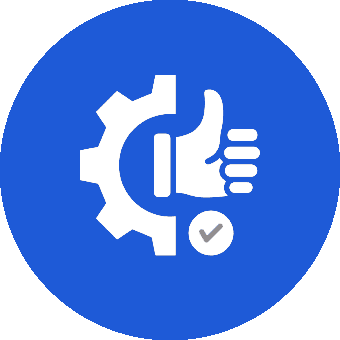 Cog and thumbs-up icon in blue circle.